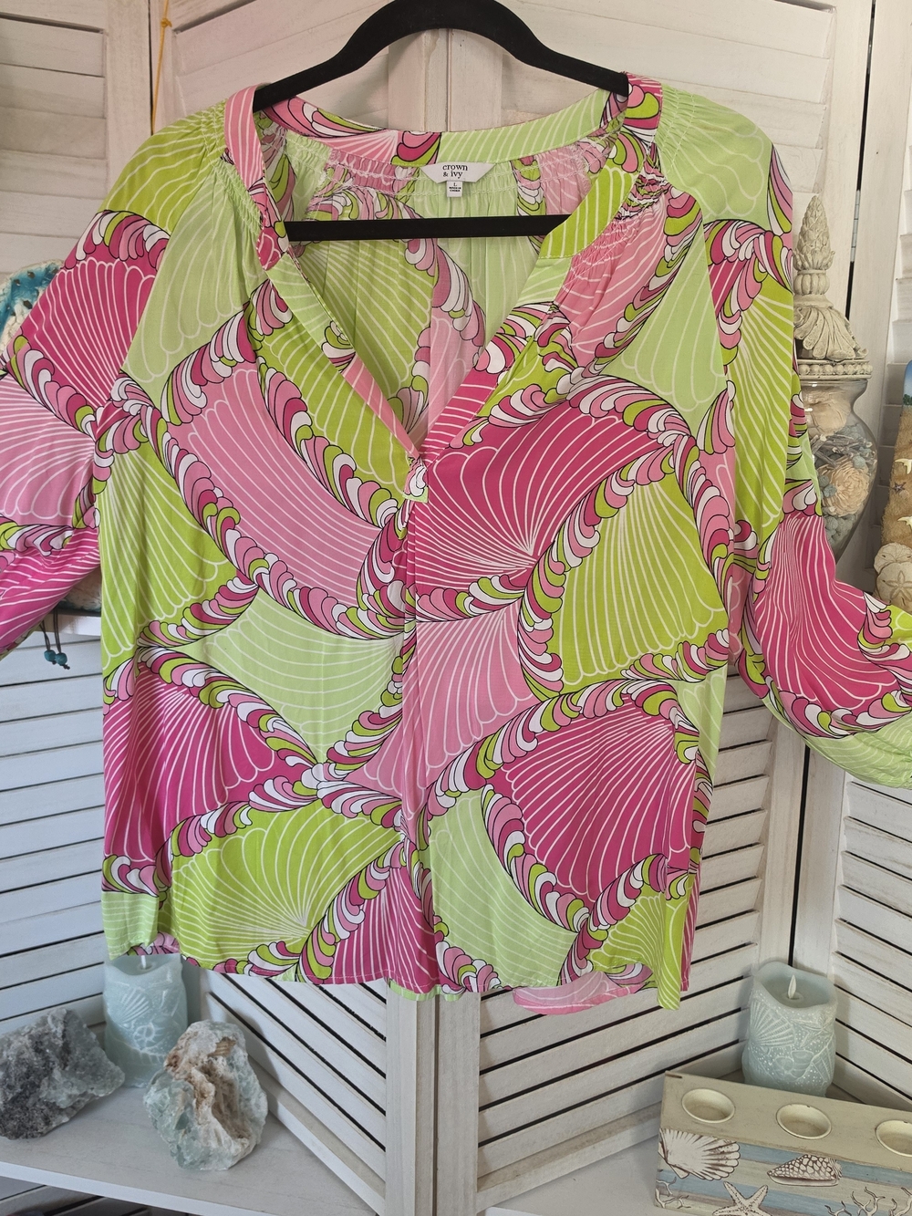 Crown & Ivy SET- Pink and Lime Swirl Print Blouse & Lime Pants SZ L - Picture 4 of 12